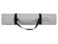 Rolled grey yoga or fitness mat with black carrying straps.