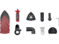 Set of sanding papers, blades, and accessories for a multi-tool.