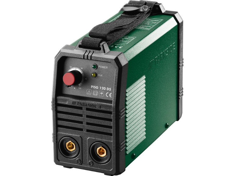 Green and black inverter welder with carrying handle and front controls.