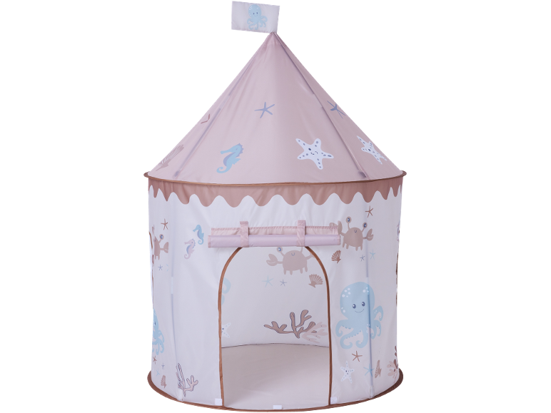 Kids' play tent with a marine theme, featuring an octopus, crab, and starfish.