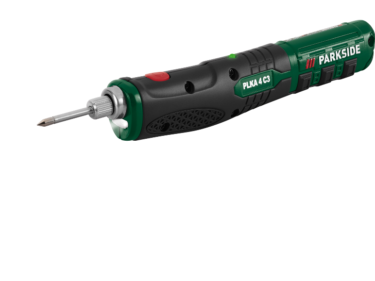 Green and black cordless soldering iron with the inscription PLKA 4 C3.