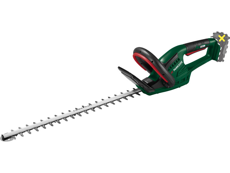 Cordless hedge trimmer with a long blade and a removable battery.