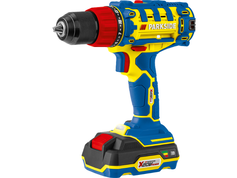 Blue and yellow cordless drill with battery, with red torque ring and black chuck.