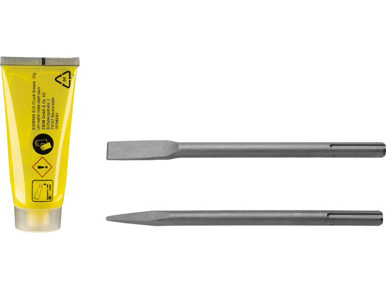 Tube of drill chuck grease and two drill hammer chisels.