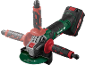 Cordless angle grinder with three handles and a green metal cutting disc.