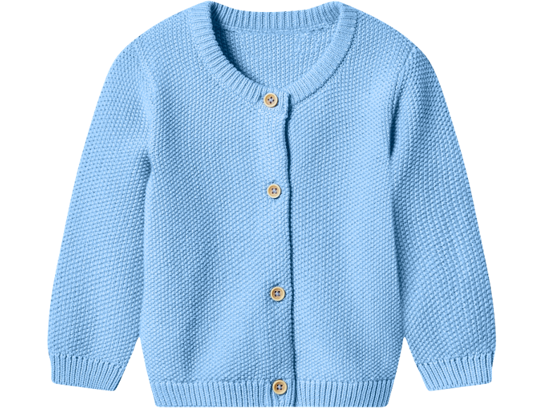 Sky blue baby knit cardigan with wooden buttons.