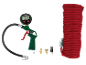Tire inflator kit with digital pressure gauge, red air hose, and nozzles.