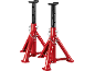 Two red adjustable car jack stands with safety chains.