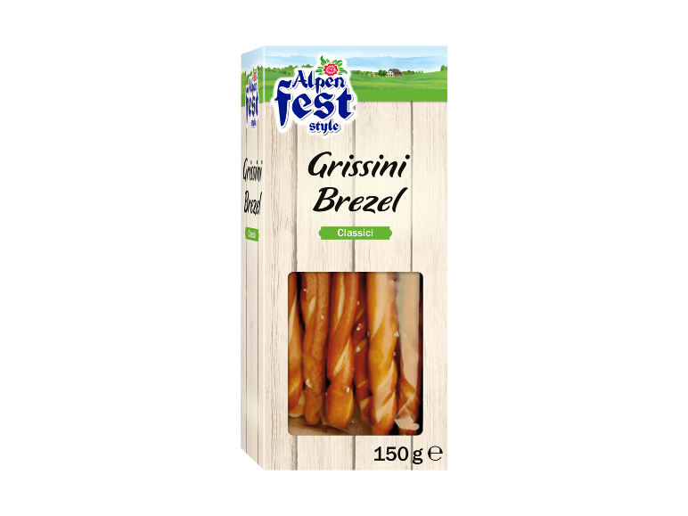 Box of pretzel-shaped breadsticks, with 'Grissini Brezel Classici' and 150g.