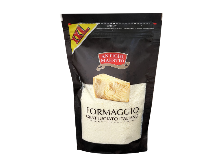 Bag of Italian grated cheese with a piece of cheese on top, marked 'XXL'.