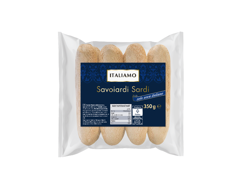 Pack of Savoiardi Sardi biscuits with nutritional information and weight of 350g.