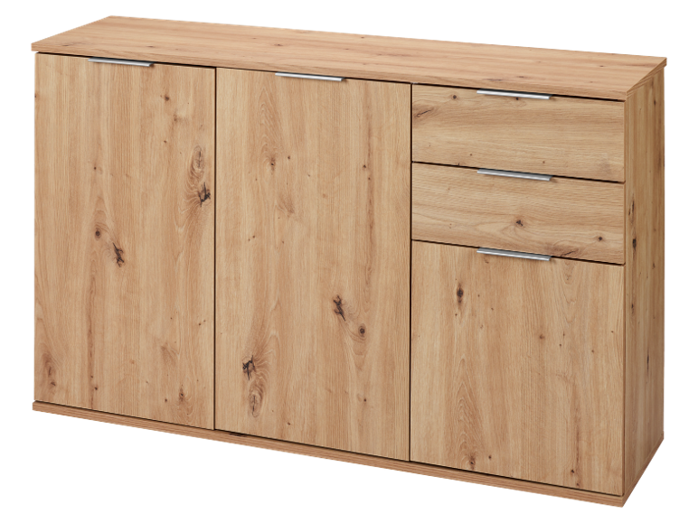 Wooden sideboard with two doors and three drawers, featuring a natural oak finish.