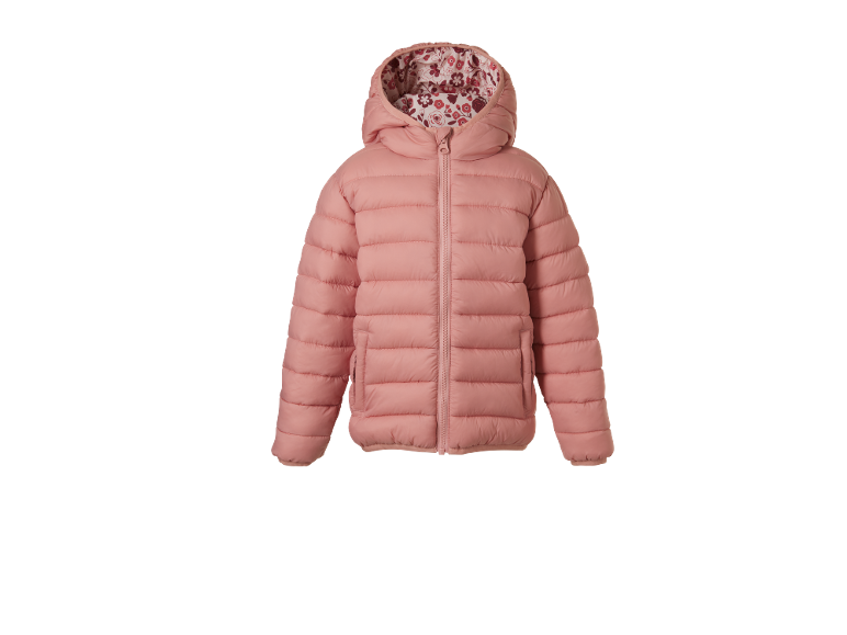 Pink puffer jacket with a floral print lining in the hood.