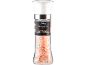 Pink Himalayan salt grinder with a black label and decorative pattern, 180g.