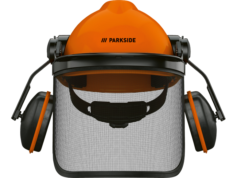 Orange safety helmet with mesh visor and ear defenders.
