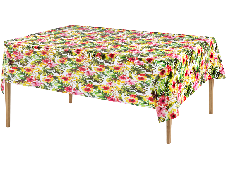 Tablecloth with tropical floral print on a wooden table.