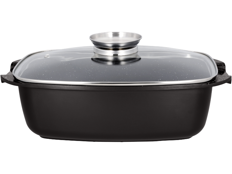 Black rectangular roasting pan with a glass lid and metal handle.