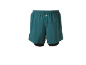 Teal running shorts with an elastic waistband and a small reflective logo.