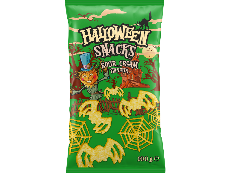 Green bag of chips with Halloween snacks, haunted house, pumpkin, and bat-shaped chips.