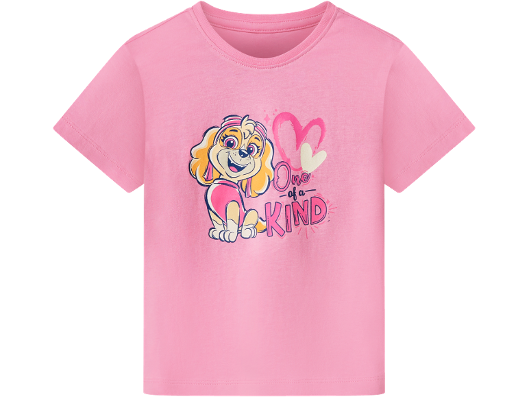 Pink short-sleeved T-shirt with a puppy drawing and the text 'One of a kind'.