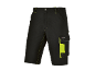 Black work shorts with bright yellow stitching and pockets.