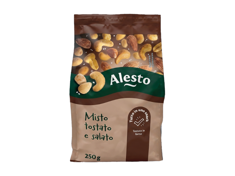 A bag of roasted and salted mixed nuts, including cashews and almonds, with text '250 g'