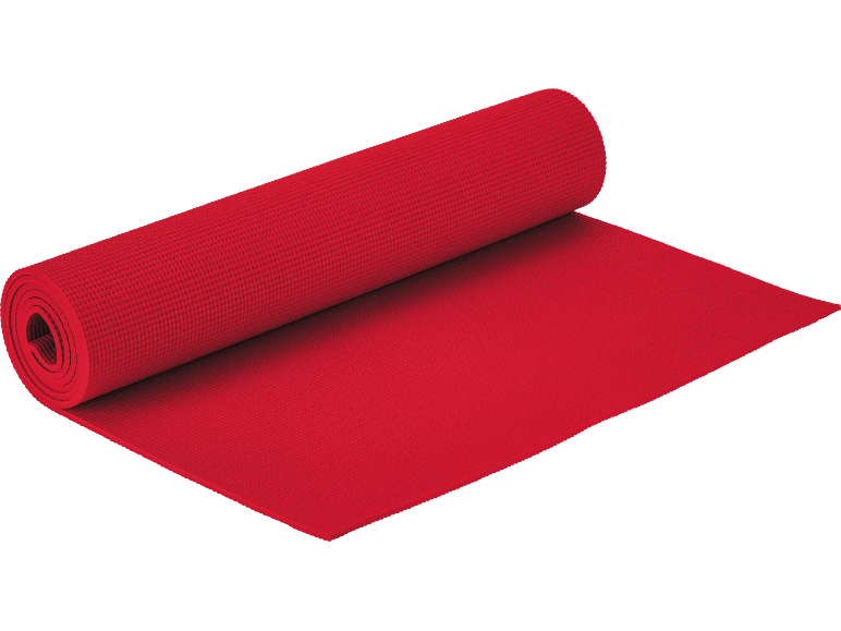 Red yoga or exercise mat, partially unrolled, on a black background.