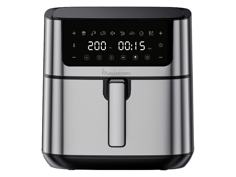 Silver digital air fryer with preset cooking programs and a timer.