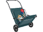 Green beach trolley with toy spades, bucket, and watering can