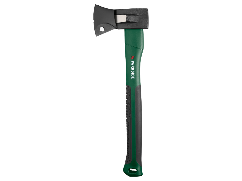 Green axe with a black handle and blade protector.