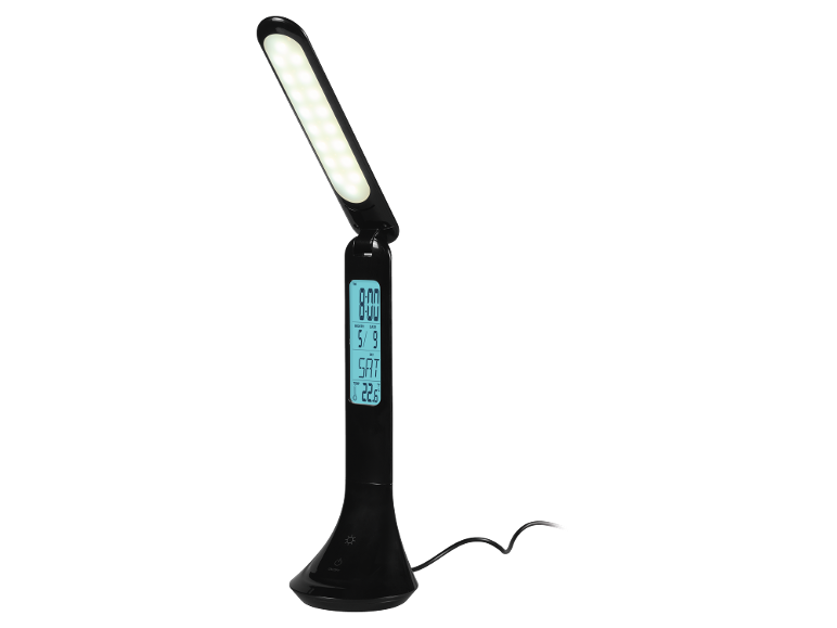 Black LED desk lamp with a digital display showing time, date, and temperature.