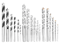 Various drill bits for wood, metal, and concrete, arranged by size.