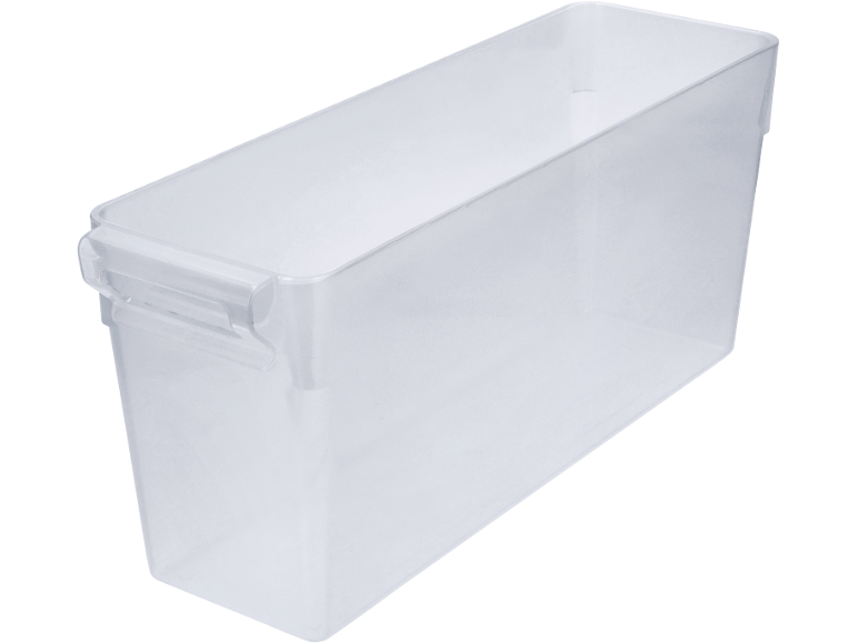 Clear plastic organizer bin with handle, for storage.