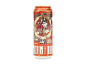 Red beer can with an illustration of a steampunk-style woman.