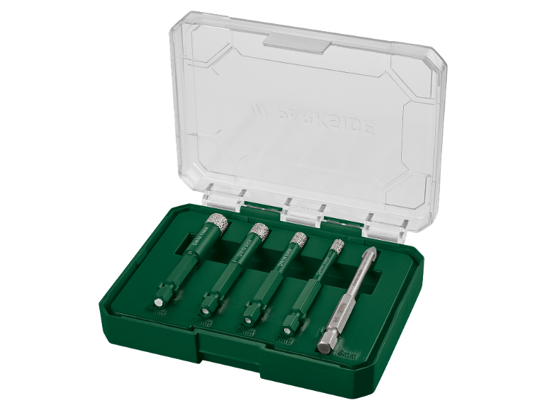 Drill bit set with diamond-tipped and carbide-tipped bits in a green case.
