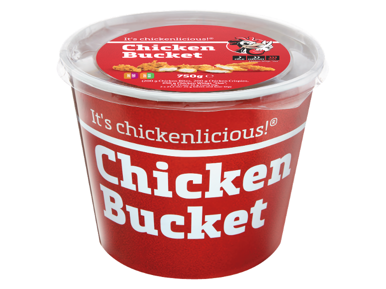 Chicken bucket with bites, crispies, and hot wings, with sauces.