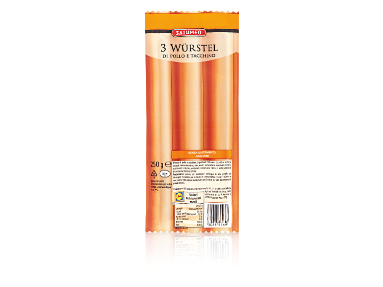Pack of 3 chicken and turkey sausages with nutritional information.