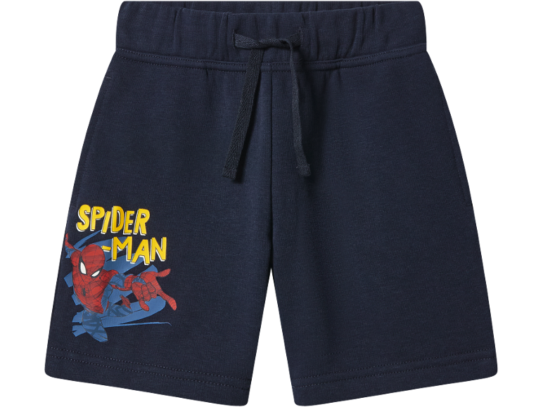 Dark blue kids' shorts with a red and blue superhero print and yellow text.