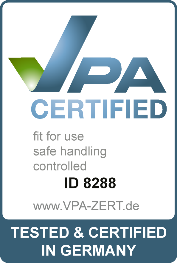 Certification seal: CERTIFIED, fit for use, safe handling, controlled, ID 8288, TESTED & CERTIFIED IN GERMANY.