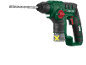 Green and black cordless rotary hammer drill with a drill bit, with a yellow X symbol indicating the battery.