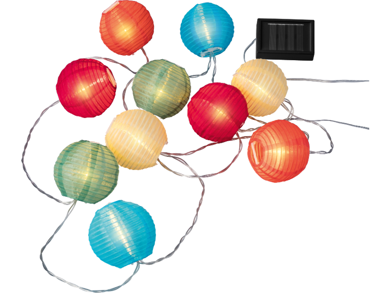 Solar string lights with colorful lanterns on a black background.
