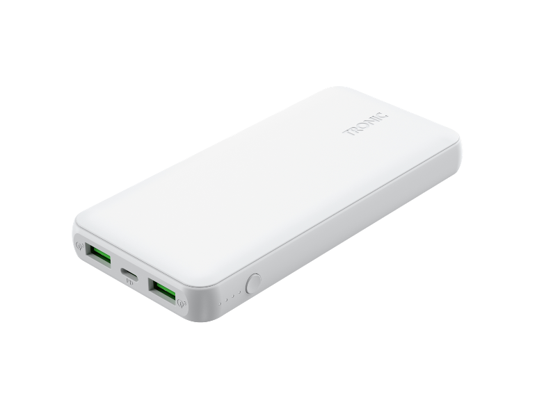 White power bank with USB ports and 'TRONIC' logo on top.