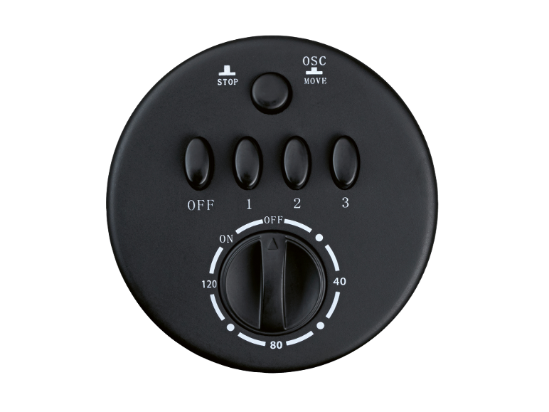 Black control panel with buttons for on/off, speed, and oscillation.