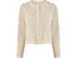Light beige long-sleeved openwork knit cardigan with buttons.