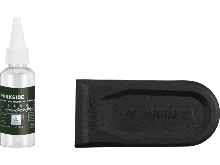 Bottle of bio chain oil and black protective cover with a logo.