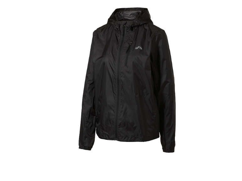 Black rain jacket with hood and zipper