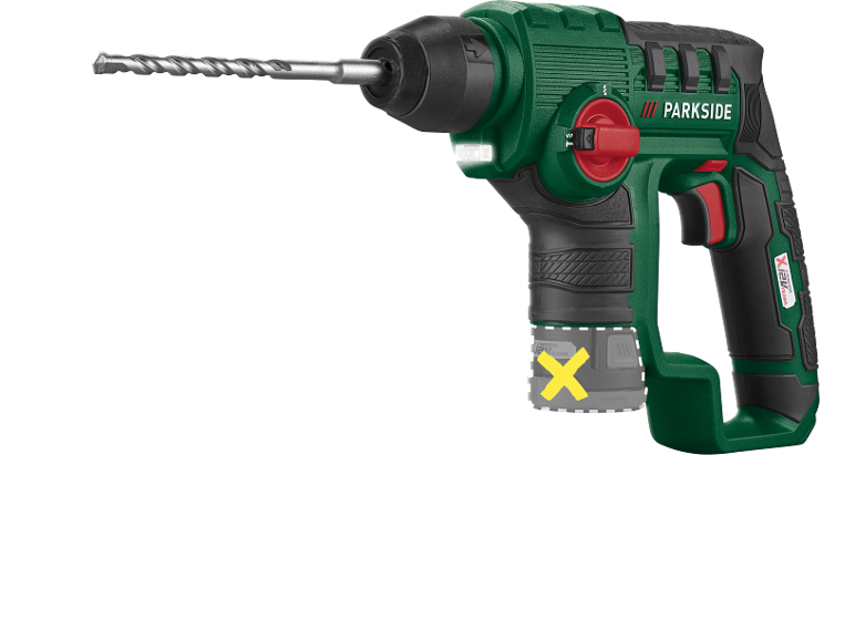Green and black cordless rotary hammer drill with a drill bit, with a yellow X symbol indicating the battery.