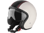 White open-face motorcycle helmet with black and red stripes and a clear visor.