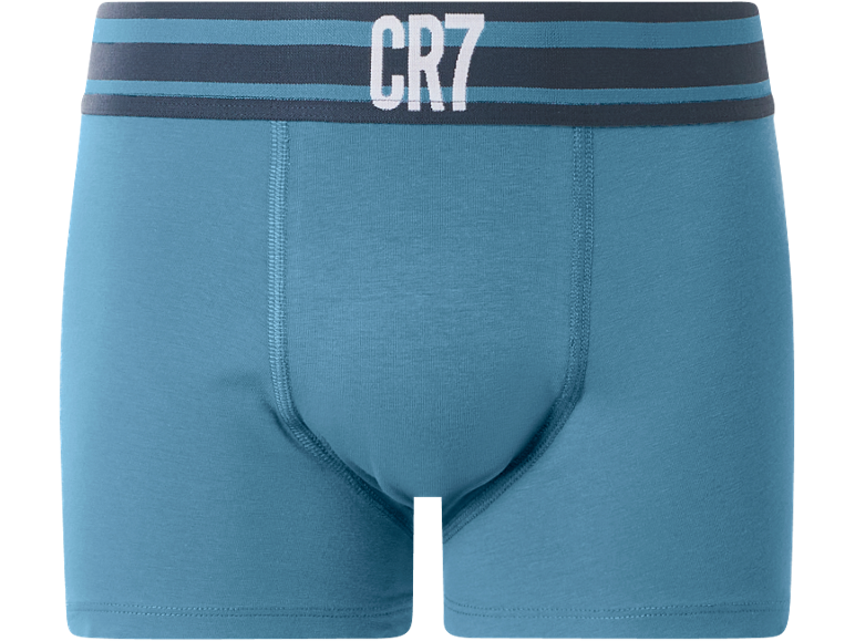 Turquoise men's boxer briefs with «CR7» lettering on the waistband.