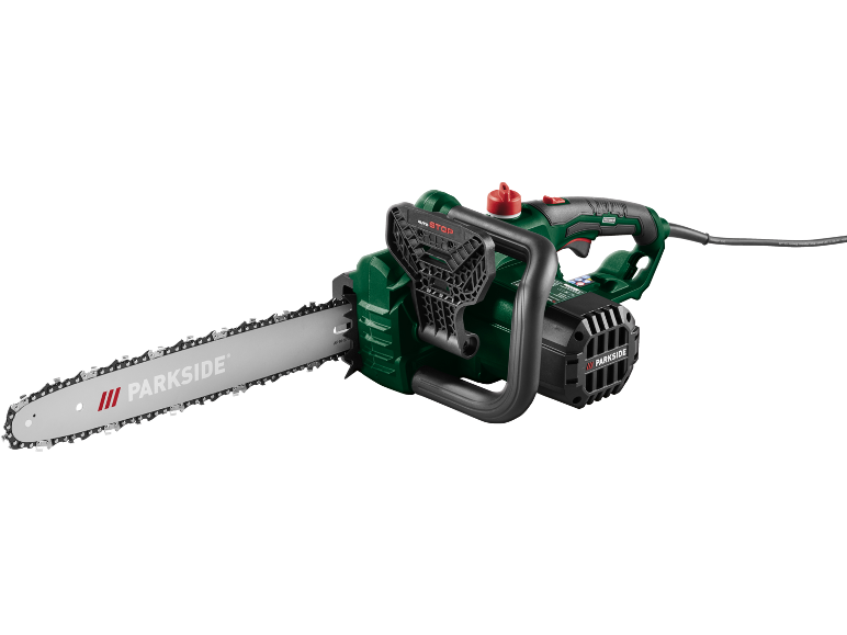 Electric chainsaw with a green body and a silver blade.